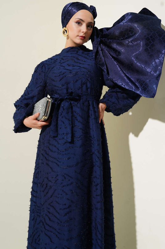Glitter Bearded Balloon Sleeve Belted Dress Navy Blue