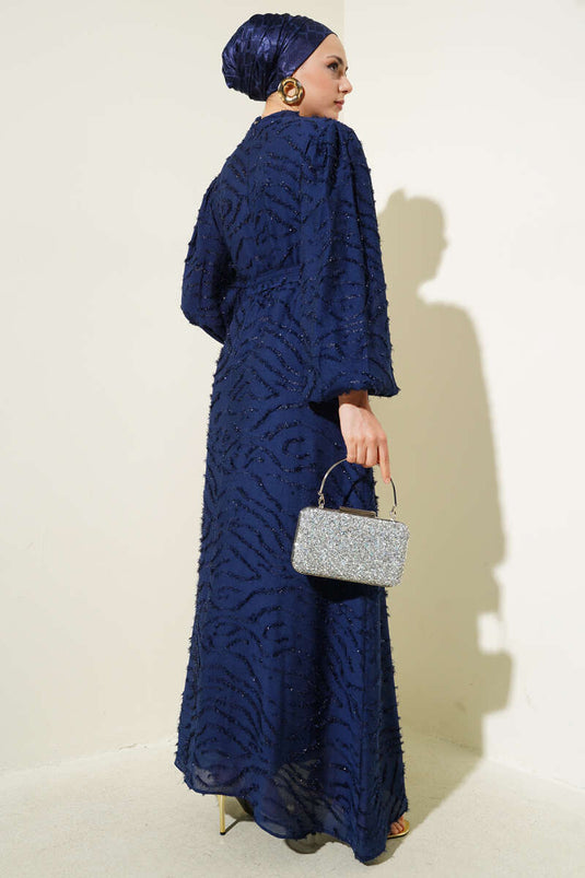Glitter Bearded Balloon Sleeve Belted Dress Navy Blue