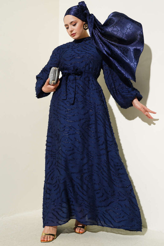 Glitter Bearded Balloon Sleeve Belted Dress Navy Blue
