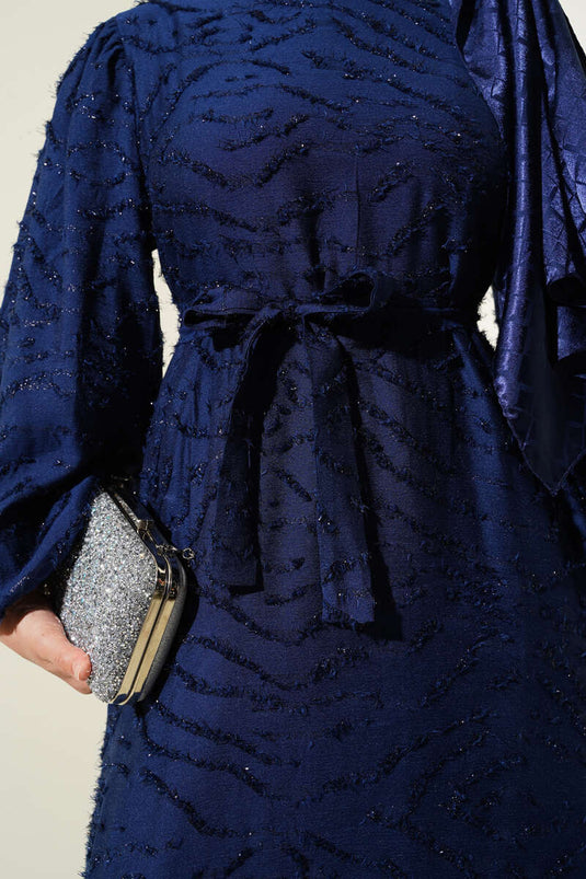 Glitter Bearded Balloon Sleeve Belted Dress Navy Blue