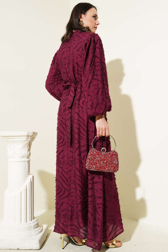 Glitter Bearded Balloon Sleeve Belted Dress Plum