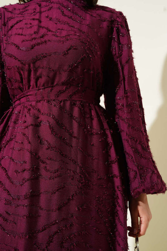 Glitter Bearded Balloon Sleeve Belted Dress Plum