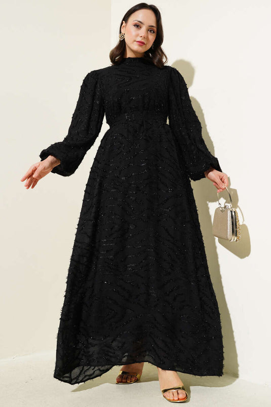 Glitter Bearded Balloon Sleeve Belted Dress Black