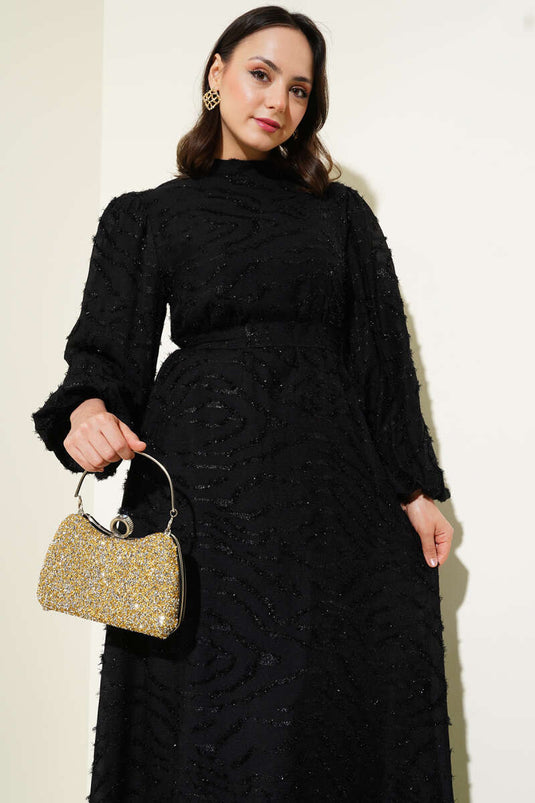 Glitter Bearded Balloon Sleeve Belted Dress Black