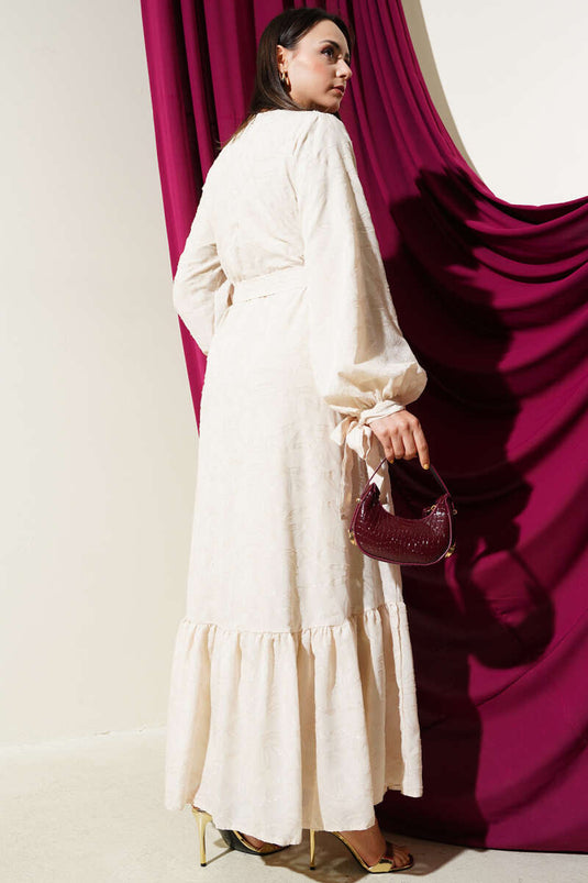 Glitzerndes, knöchellanges Kleid mit Bart, beige