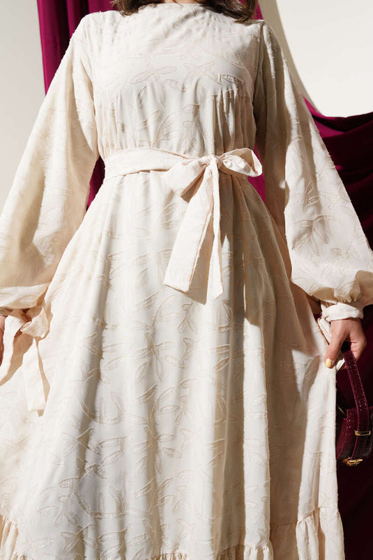 Glitzerndes, knöchellanges Kleid mit Bart, beige