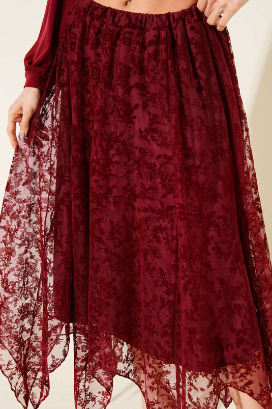 Simetrik Kesim Tül Etek Bordo