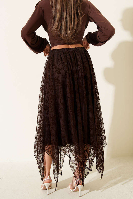 Simetrik Kesim Tül Etek Kahve