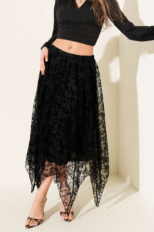 Simetrik Kesim Tül Etek Siyah