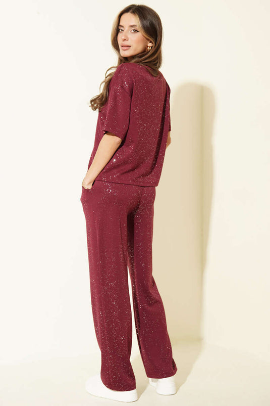 Glitter Short Sleeve Loyşa Two-Piece Set Burgundy
