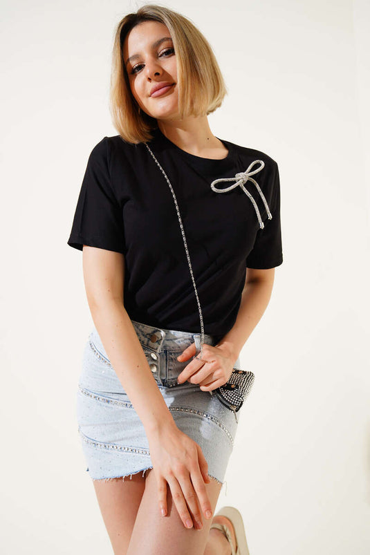 Simli Omuz Fiyonklu T-shirt Siyah