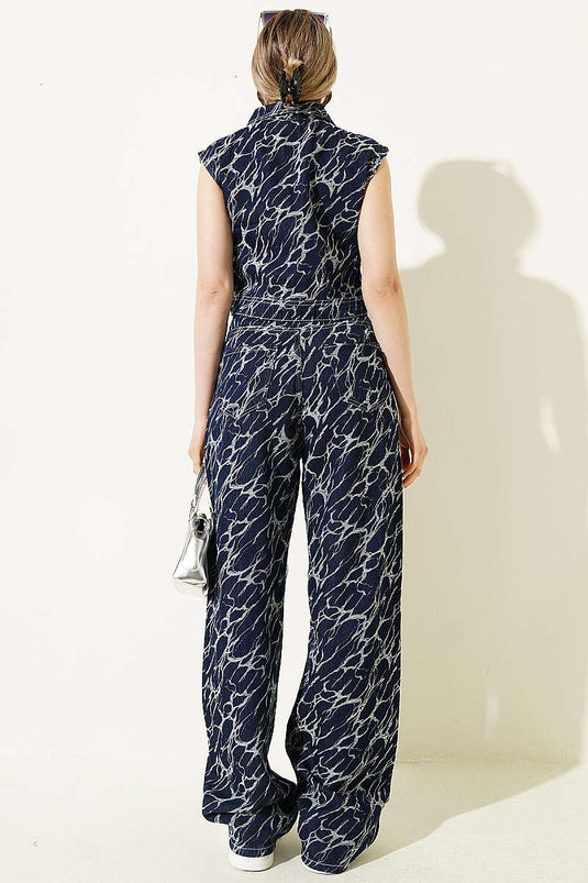 Ensemble deux pièces en jean avec gilet court brodé Şimşek, bleu marine