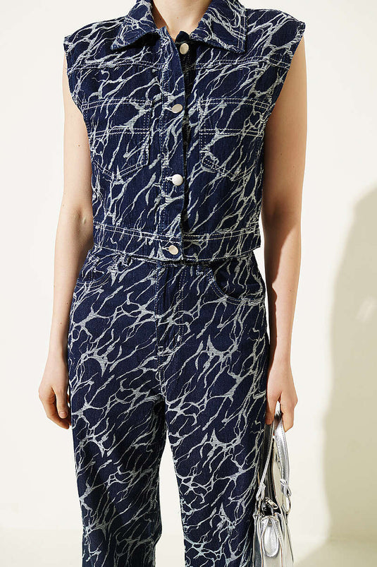 Ensemble deux pièces en jean avec gilet court brodé Şimşek, bleu marine