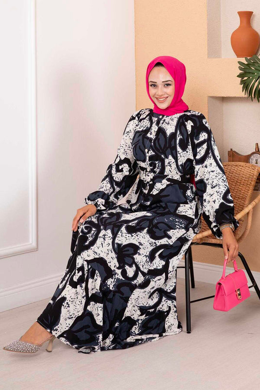 Sinem riem gedetailleerde viscose hijab jurk marineblauw