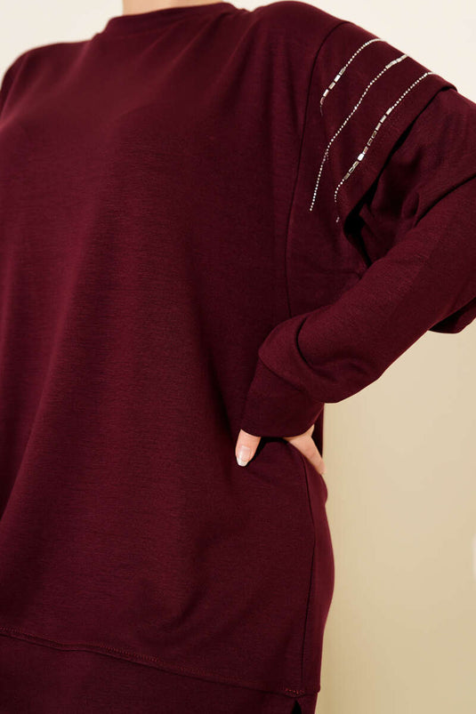 Sıra Taş Detaylı Loyşa İkili Takım Bordo