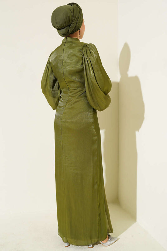 Stone-Stitched Balloon Sleeve Evening Dress Khaki