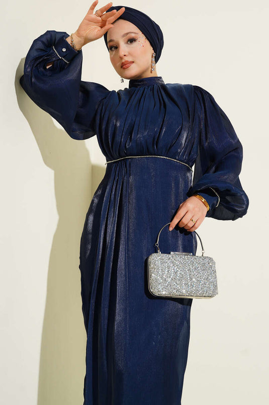 Stone-Stitched Balloon Sleeve Evening Dress Navy Blue