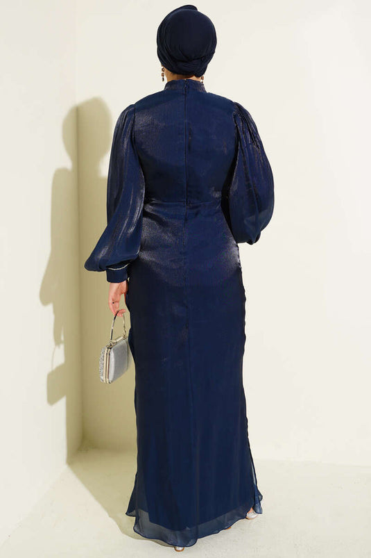 Stone-Stitched Balloon Sleeve Evening Dress Navy Blue