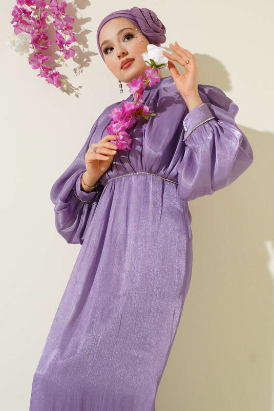Lilac Balloon Sleeve Evening Dress with Stones