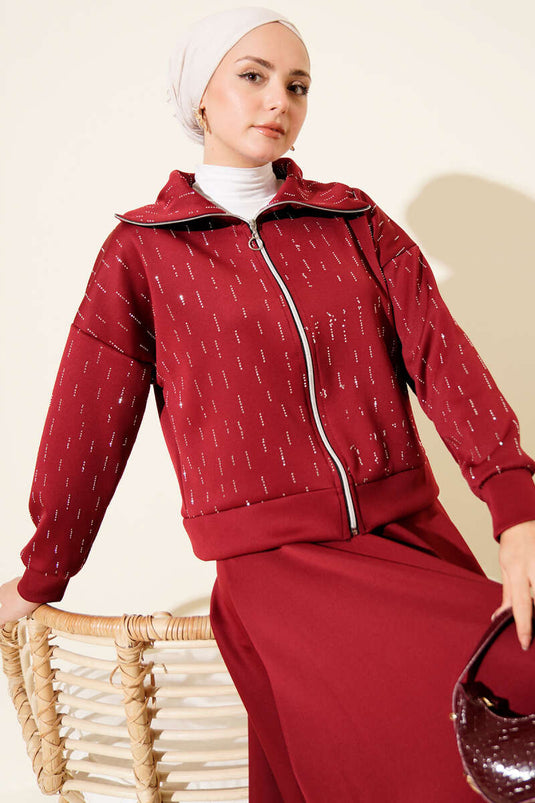 Sıra Taşlı Etekli Scuba İkili Takım Bordo