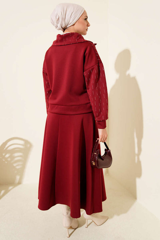 Sıra Taşlı Etekli Scuba İkili Takım Bordo