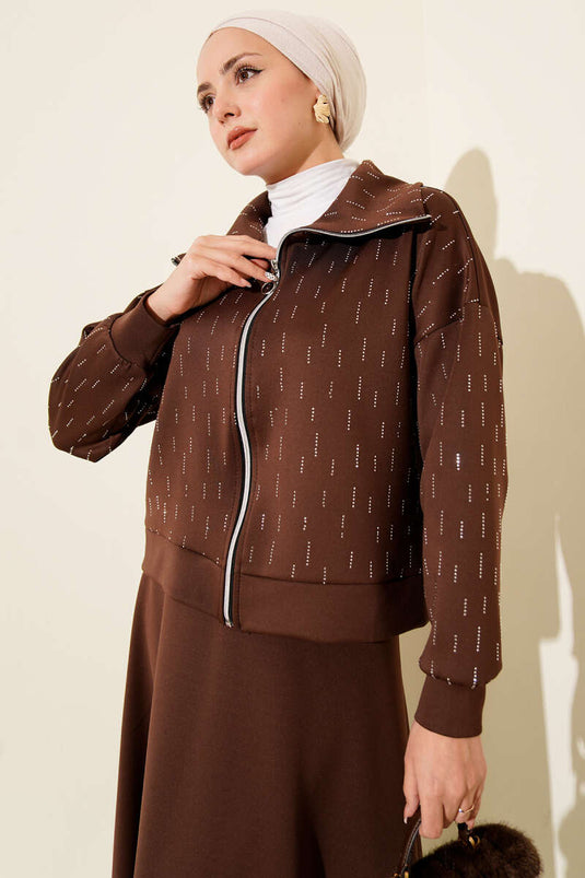 Sıra Taşlı Etekli Scuba İkili Takım Kahve