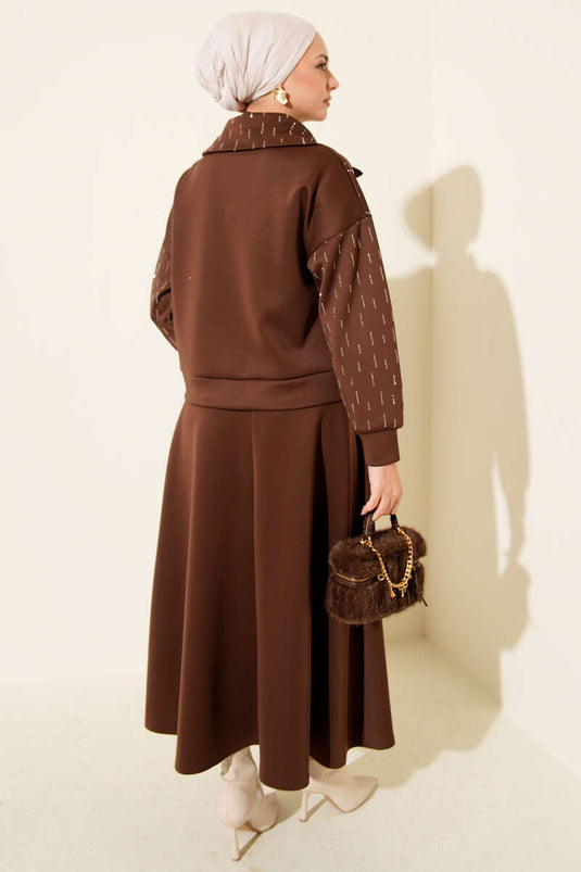 Sıra Taşlı Etekli Scuba İkili Takım Kahve