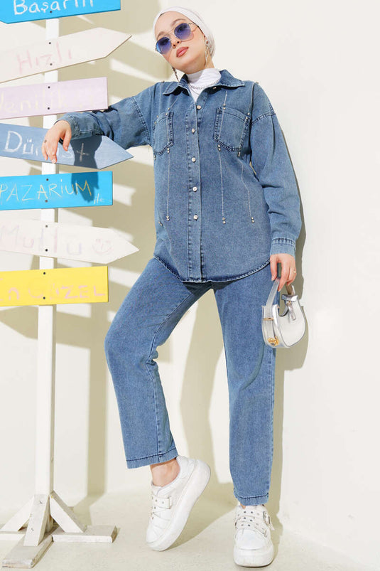 طقم جينز من قطعتين باللون الأزرق