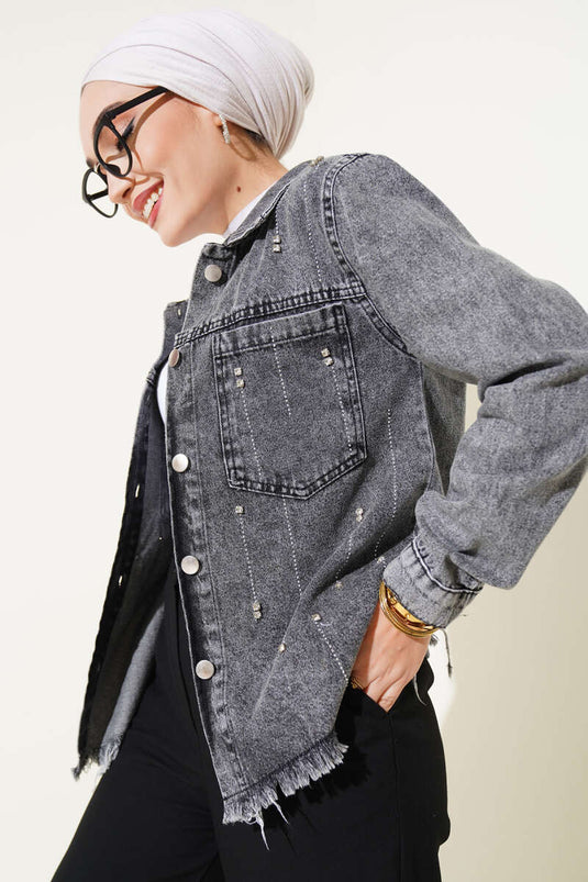 Veste courte en jean avec pierres et pompons, couleur fumée