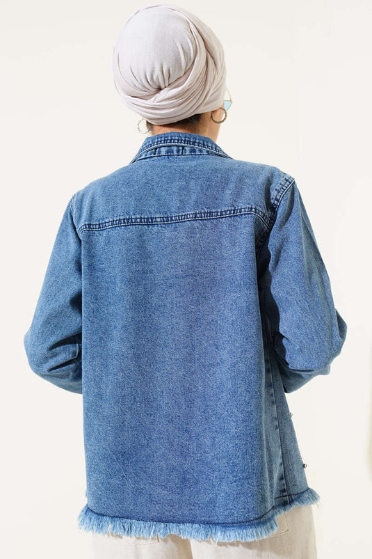 Veste courte en jean avec pompons et pierres