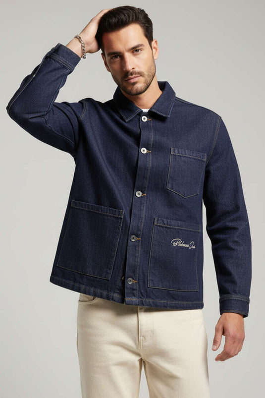 Men's Denim Jacket with Back Support Navy Blue