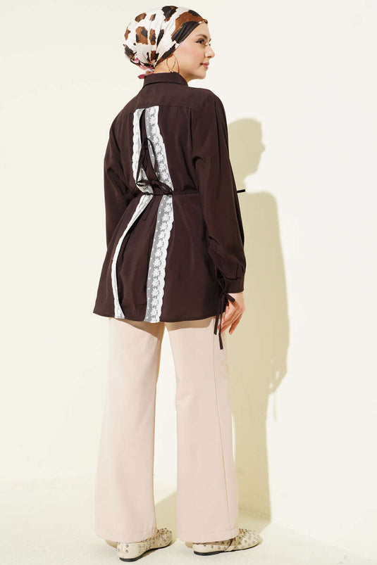 Back Lace Drawstring Tencel Shirt Dark Brown