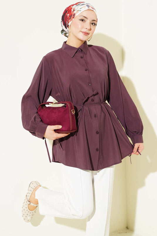 Back Lace Drawstring Tencel Shirt Mulberry
