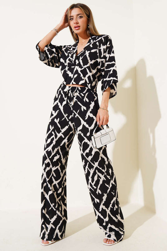 Zweiteiliges Crop-Top-Set mit Seildetail am Rücken, Schwarz