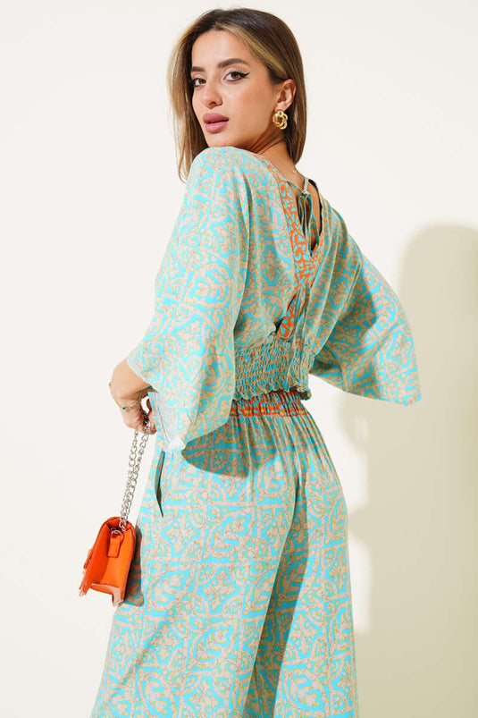 Ensemble deux pièces court à motifs avec détail de corde au dos et couleur pétrole