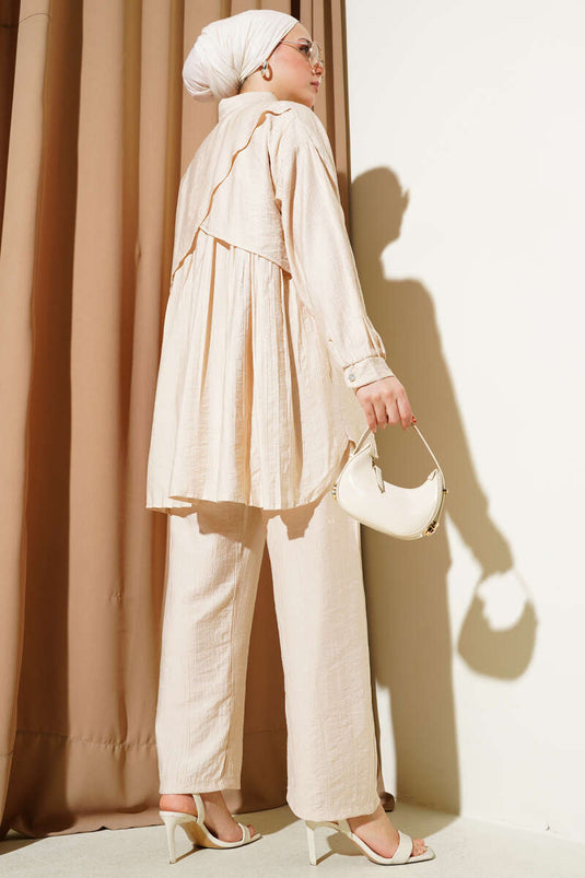 Back Pleated Tunic Two Piece Set Beige