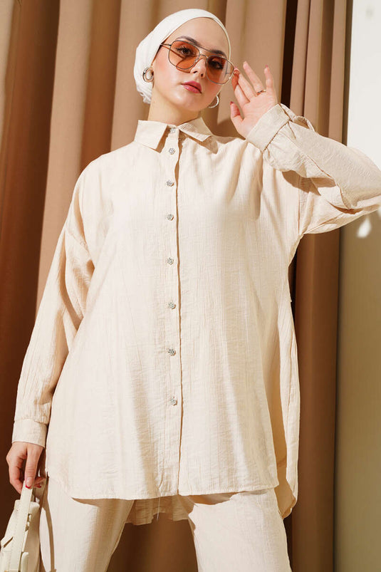 Back Pleated Tunic Two Piece Set Beige
