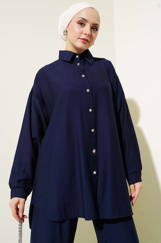 Pleated Back Tunic Two Piece Set Navy Blue