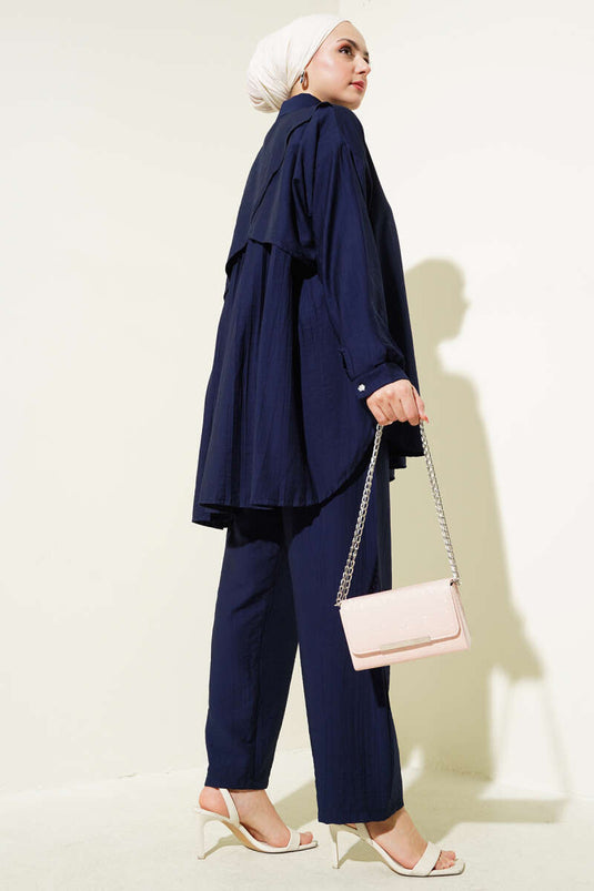 Pleated Back Tunic Two Piece Set Navy Blue