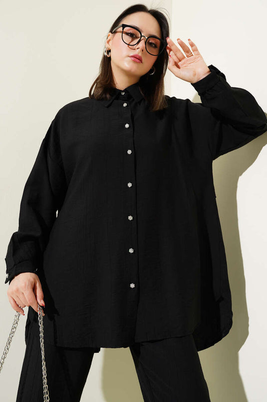 Back Pleated Tunic Two Piece Set Black