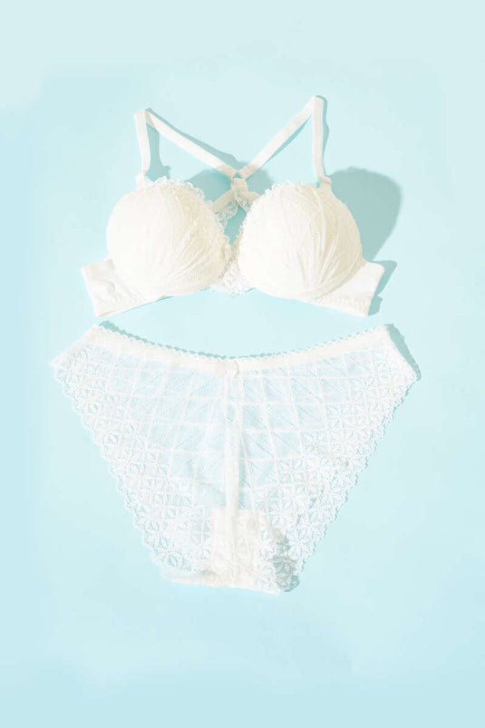 Ensemble soutien-gorge rembourré à dos croisé en dentelle écru