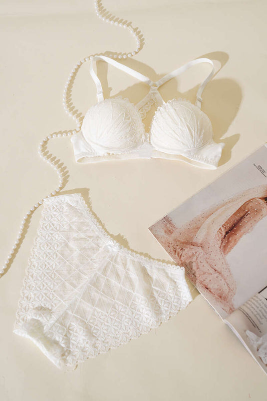 طقم حمالة صدر مبطنة من الدانتيل من الخلف المتقاطع، لون بيج فاتح