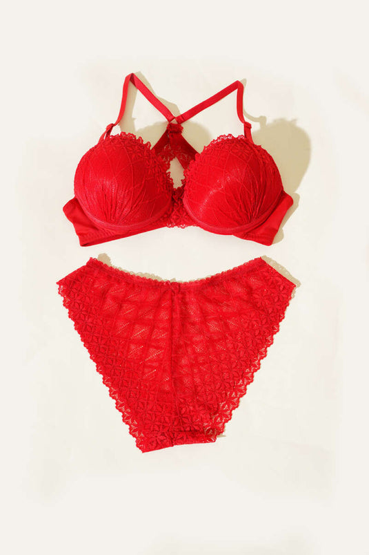 Ensemble soutien-gorge rembourré à dos croisé en dentelle rouge