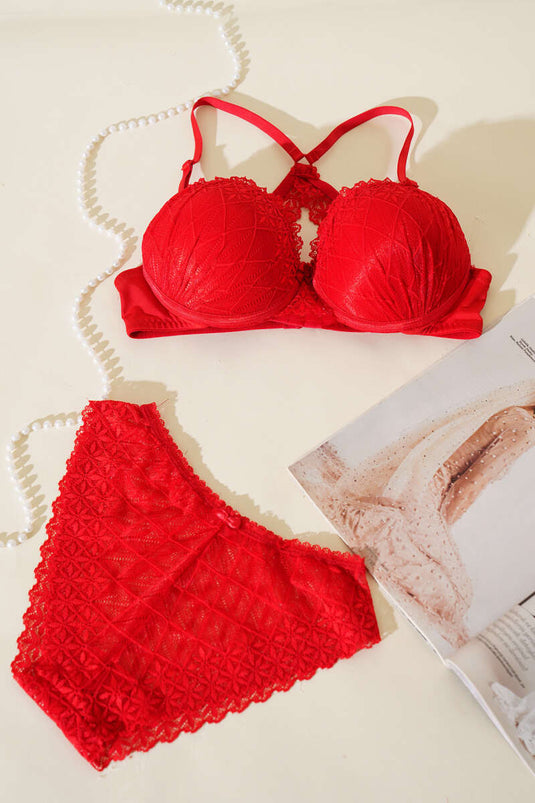 Sırtı Çapraz Dantelli Destekli Sütyen Takım Kırmızı
