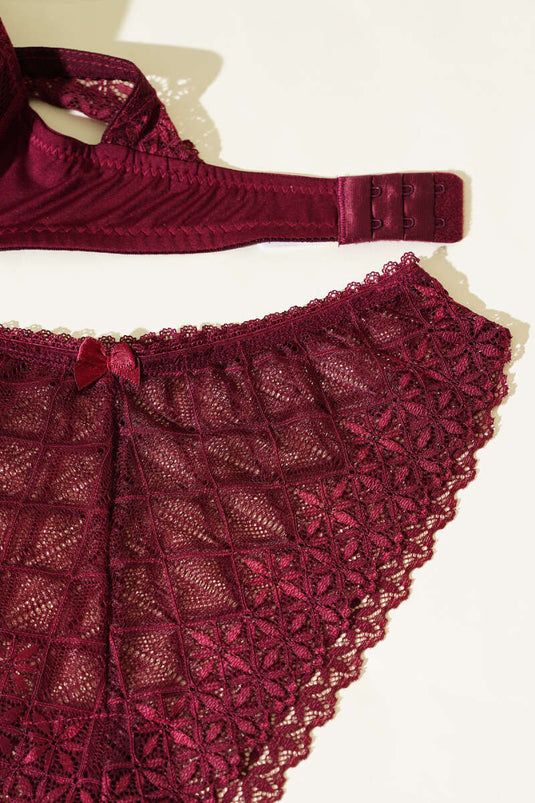 Sırtı Çapraz Dantelli Destekli Sütyen Takım Mürdüm