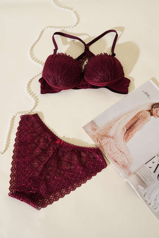 Sırtı Çapraz Dantelli Destekli Sütyen Takım Mürdüm
