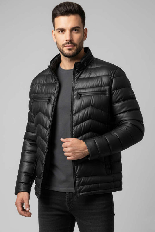 Men's Padded Leather Jacket, Black