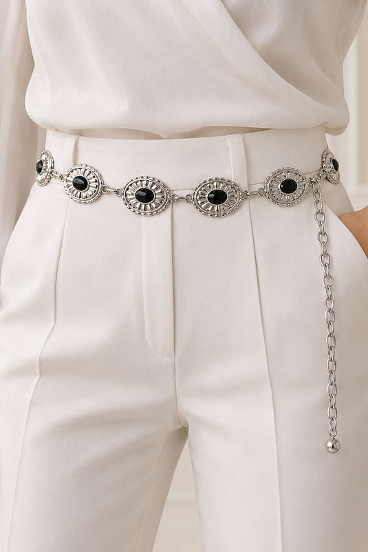 Ceinture En Argent À Chaîne Ovale Ornée De Pierres Noires