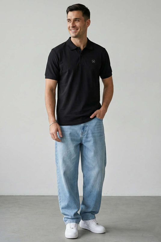 Slim Fit Yaka Düğmeli Erkek T-shirt Siyah