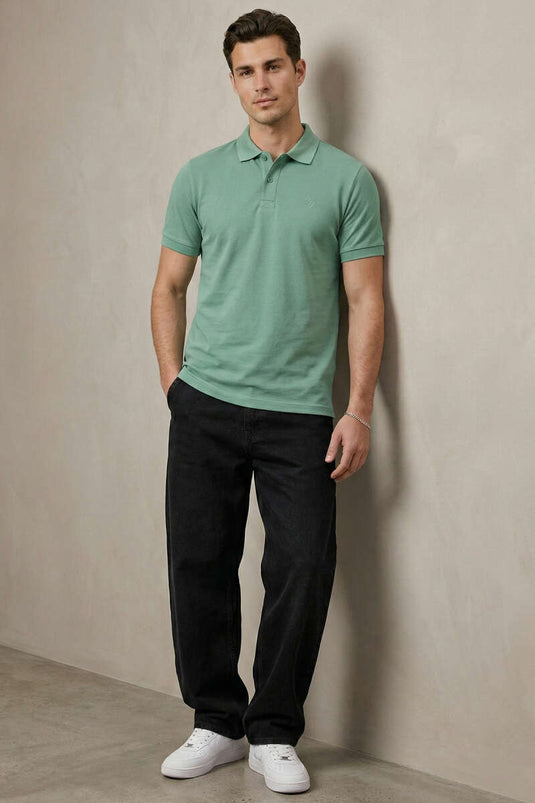 Slim Fit Collar Buttoned Men's T-shirt Aqua Green